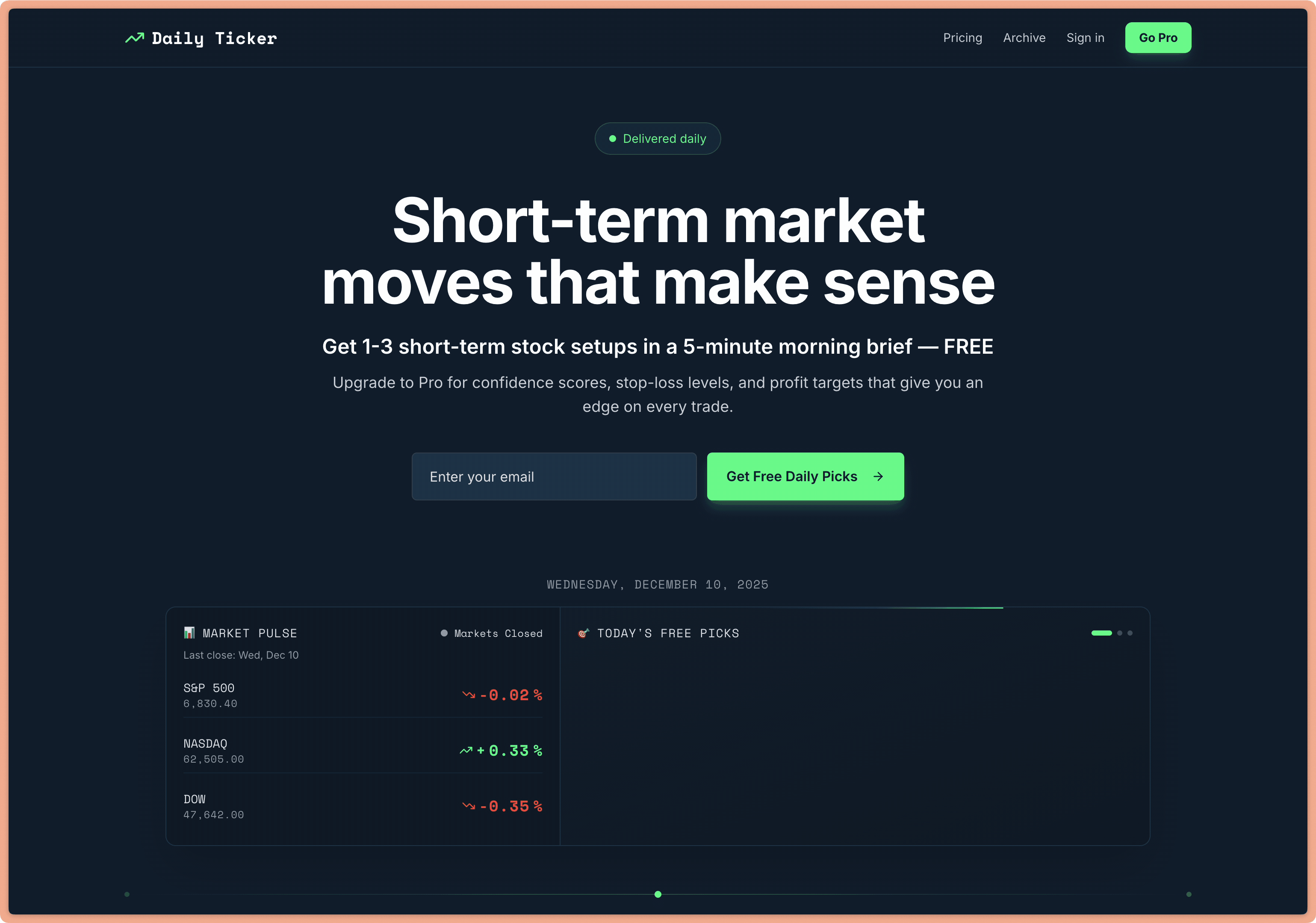 Daily Ticker homepage showing live ticker animation with real-time market data, stock price movements, and email signup CTA