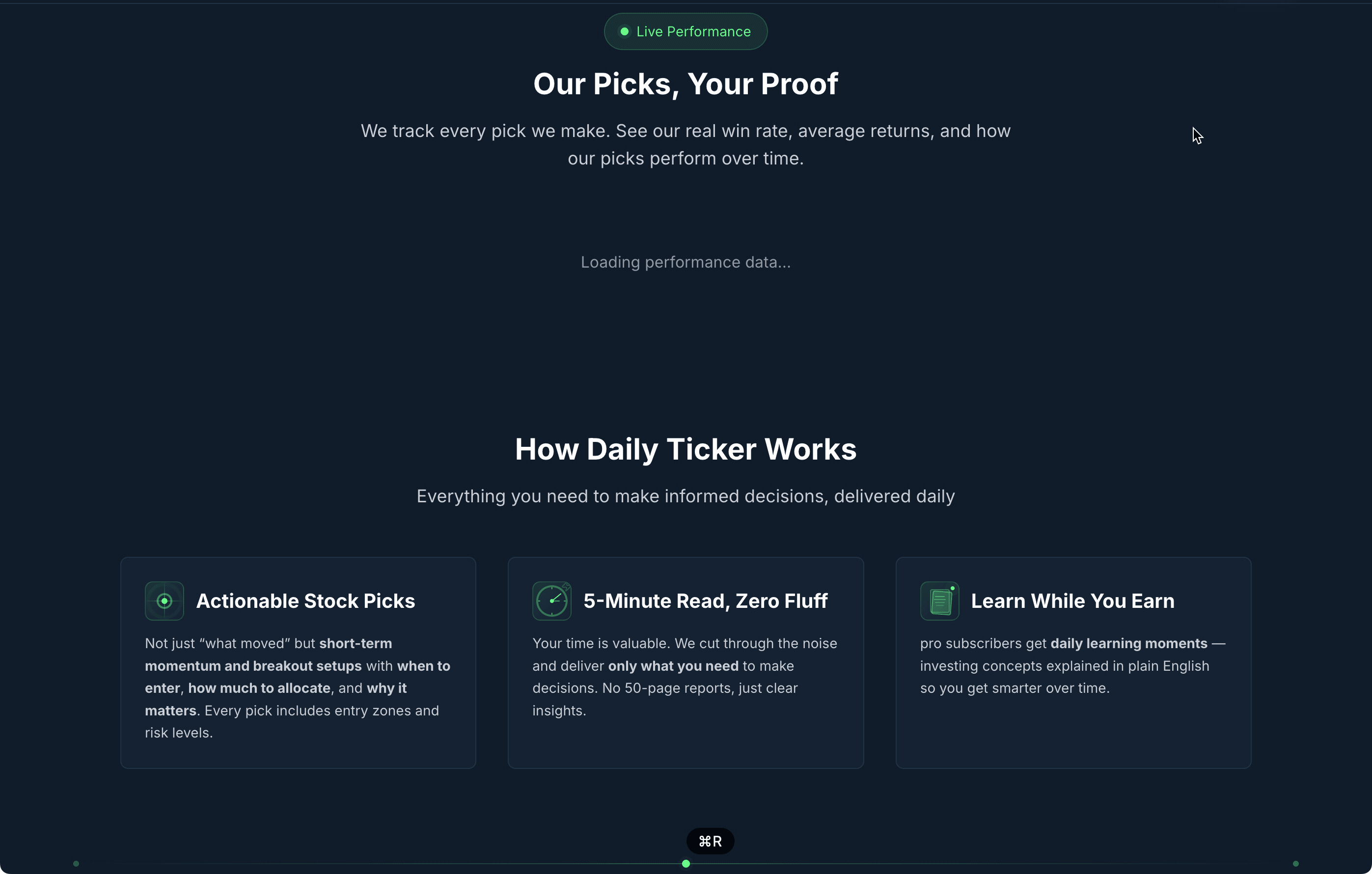 Performance tracking dashboard showing how Daily Ticker picks are tracked and archived over time