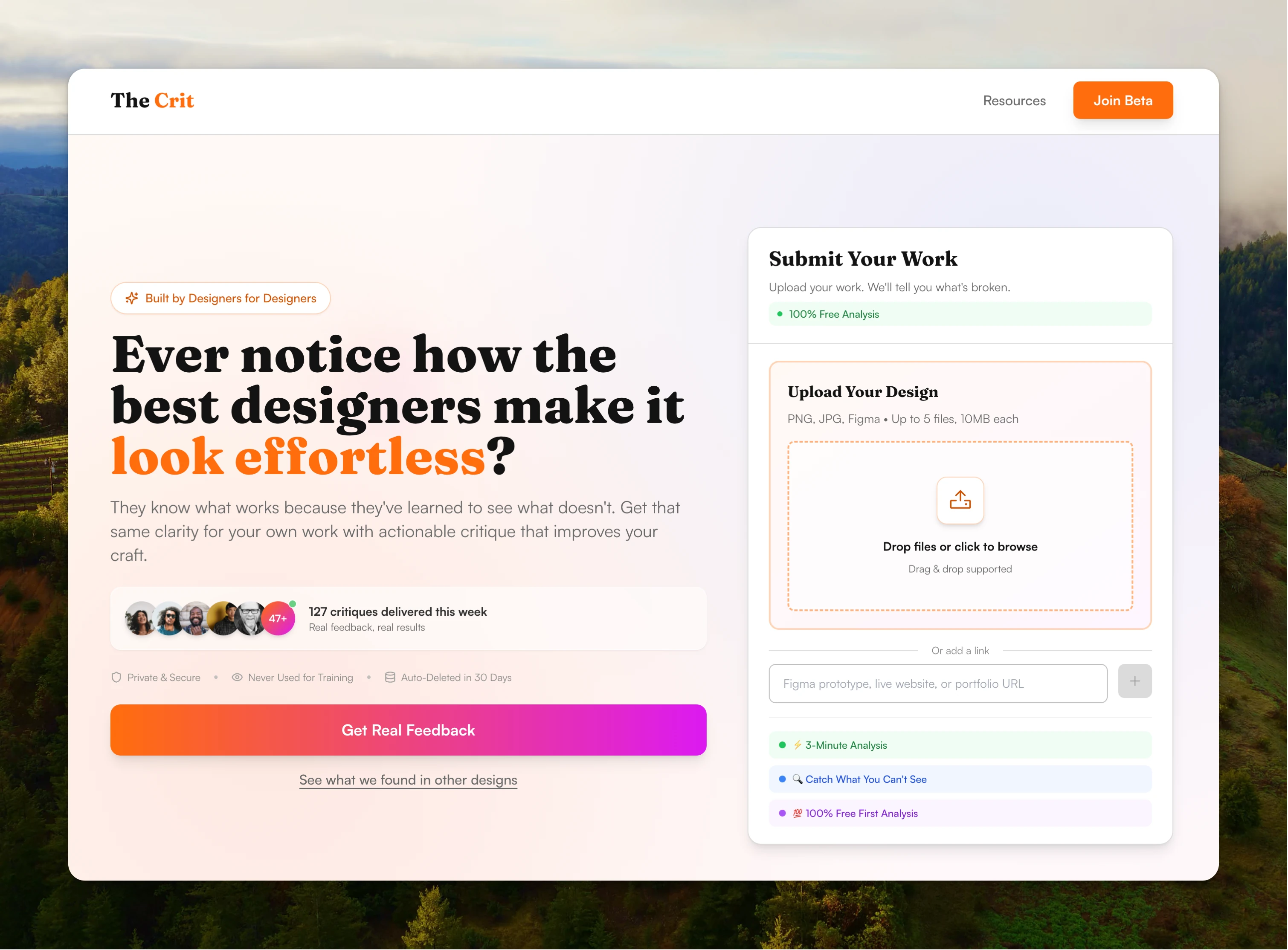 The Crit landing page showing the hero section and submission flow